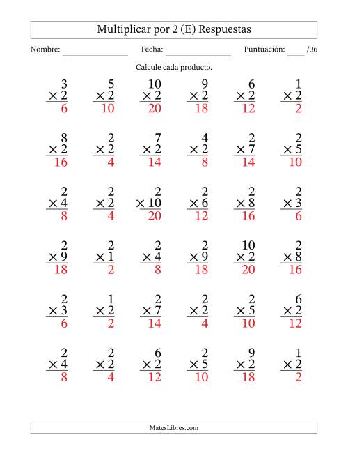 La hoja de ejercicios de Multiplicar (Factores de 1 a 10) por 2 (36 Preguntas) (E) Página 2