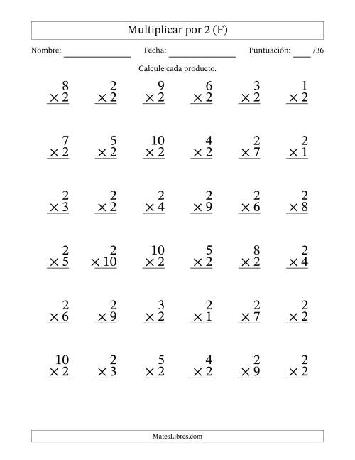 La hoja de ejercicios de Multiplicar (Factores de 1 a 10) por 2 (36 Preguntas) (F)