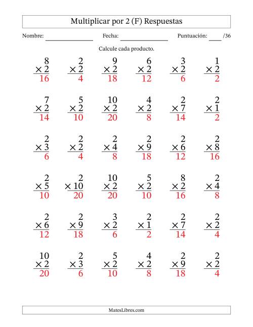 La hoja de ejercicios de Multiplicar (Factores de 1 a 10) por 2 (36 Preguntas) (F) Página 2