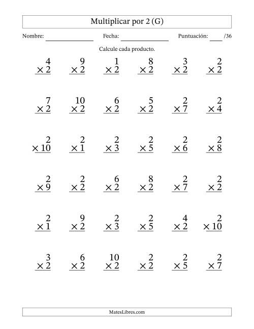 La hoja de ejercicios de Multiplicar (Factores de 1 a 10) por 2 (36 Preguntas) (G)
