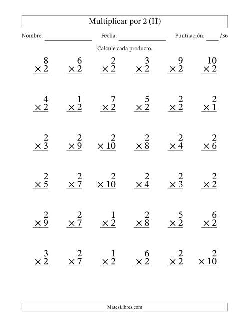 La hoja de ejercicios de Multiplicar (Factores de 1 a 10) por 2 (36 Preguntas) (H)