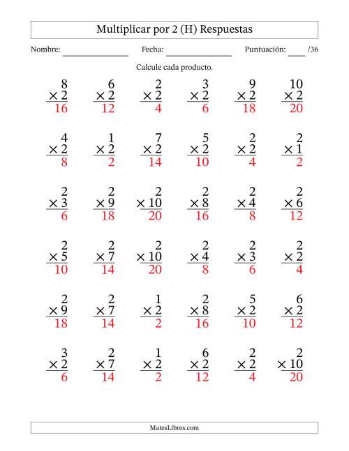 La hoja de ejercicios de Multiplicar (Factores de 1 a 10) por 2 (36 Preguntas) (H) Página 2