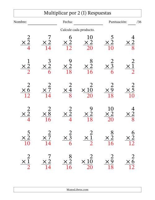 La hoja de ejercicios de Multiplicar (Factores de 1 a 10) por 2 (36 Preguntas) (I) Página 2