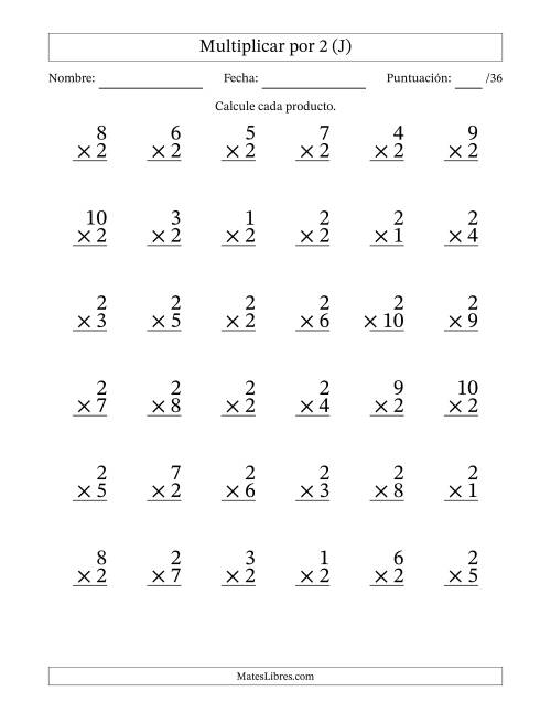 La hoja de ejercicios de Multiplicar (Factores de 1 a 10) por 2 (36 Preguntas) (J)