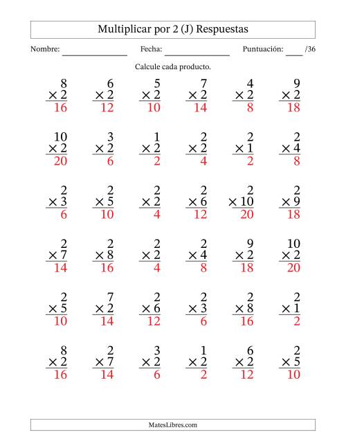 La hoja de ejercicios de Multiplicar (Factores de 1 a 10) por 2 (36 Preguntas) (J) Página 2