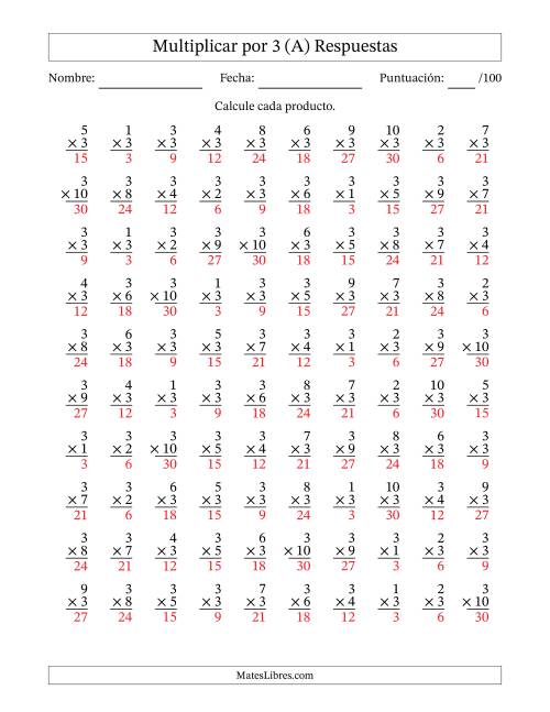 La hoja de ejercicios de Multiplicar (Factores de 1 a 10) por 3 (100 Preguntas) (A) Página 2