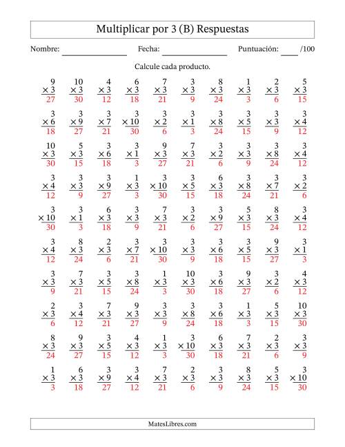 La hoja de ejercicios de Multiplicar (Factores de 1 a 10) por 3 (100 Preguntas) (B) Página 2