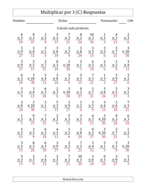 La hoja de ejercicios de Multiplicar (Factores de 1 a 10) por 3 (100 Preguntas) (C) Página 2