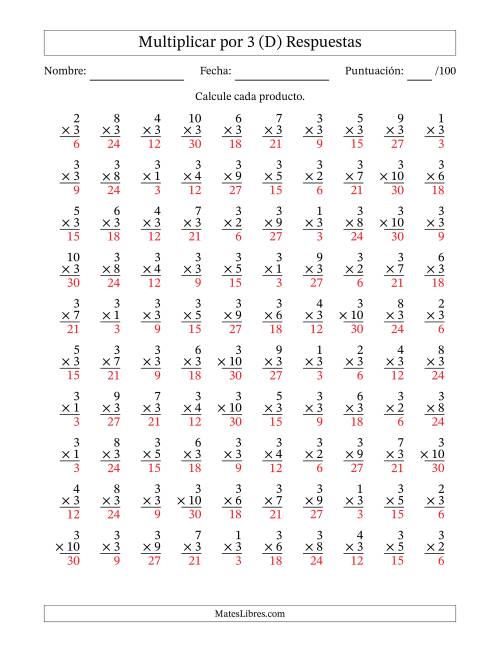 La hoja de ejercicios de Multiplicar (Factores de 1 a 10) por 3 (100 Preguntas) (D) Página 2