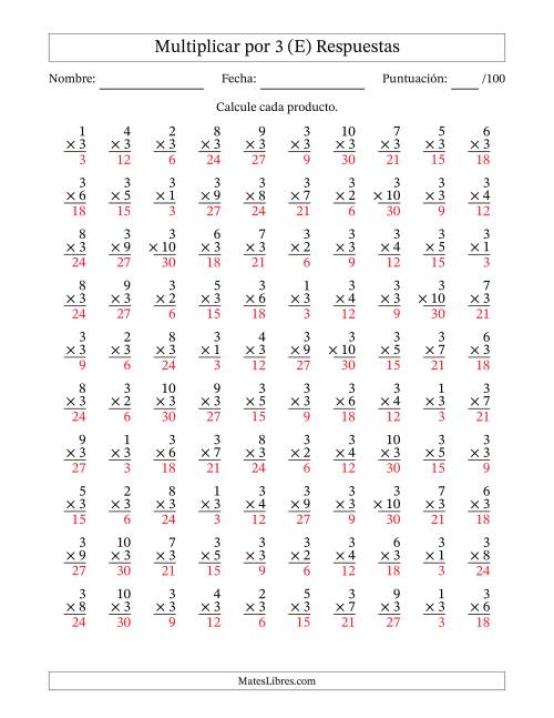 La hoja de ejercicios de Multiplicar (Factores de 1 a 10) por 3 (100 Preguntas) (E) Página 2