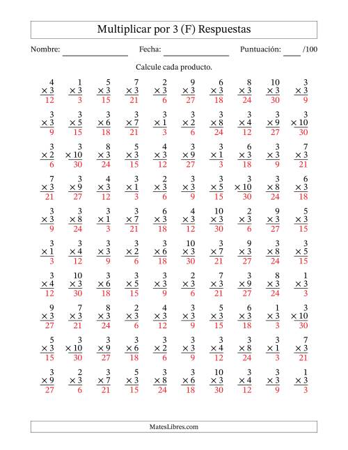 La hoja de ejercicios de Multiplicar (Factores de 1 a 10) por 3 (100 Preguntas) (F) Página 2