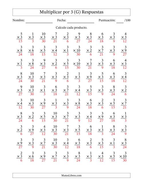 La hoja de ejercicios de Multiplicar (Factores de 1 a 10) por 3 (100 Preguntas) (G) Página 2