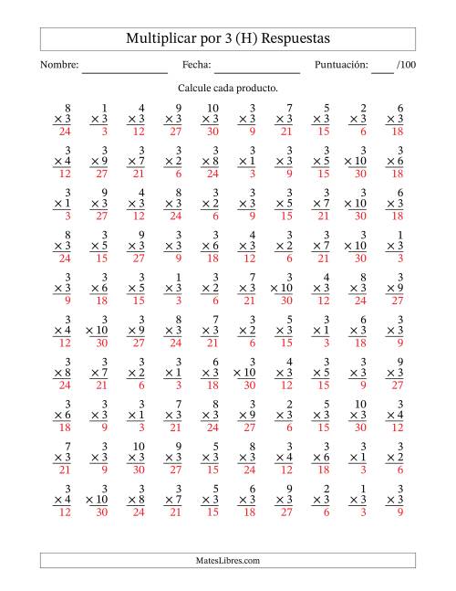 La hoja de ejercicios de Multiplicar (Factores de 1 a 10) por 3 (100 Preguntas) (H) Página 2