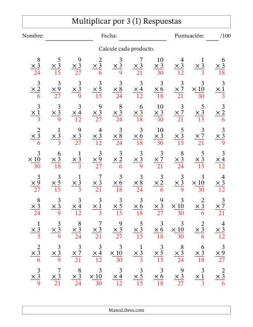 La hoja de ejercicios de Multiplicar (Factores de 1 a 10) por 3 (100 Preguntas) (I) Página 2