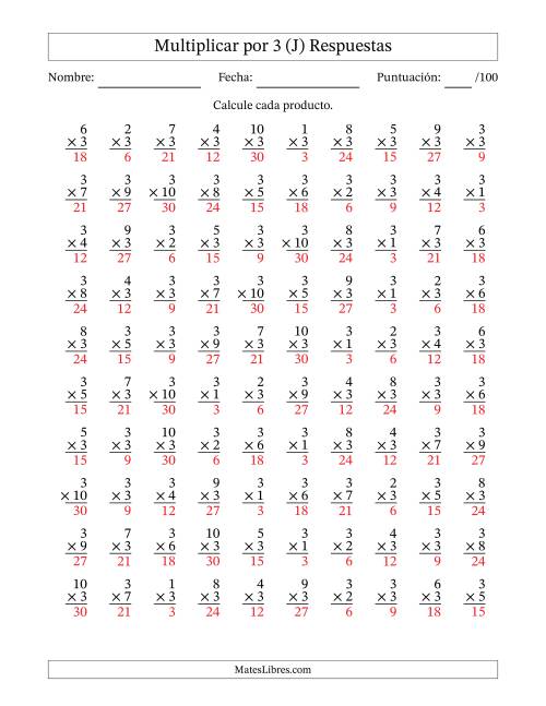 La hoja de ejercicios de Multiplicar (Factores de 1 a 10) por 3 (100 Preguntas) (J) Página 2