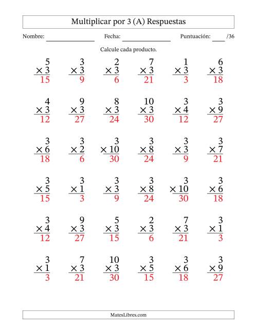 La hoja de ejercicios de Multiplicar (Factores de 1 a 10) por 3 (36 Preguntas) (A) Página 2