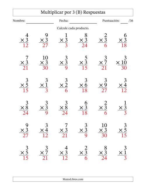 La hoja de ejercicios de Multiplicar (Factores de 1 a 10) por 3 (36 Preguntas) (B) Página 2