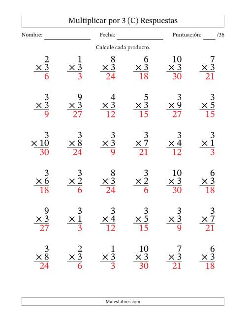 La hoja de ejercicios de Multiplicar (Factores de 1 a 10) por 3 (36 Preguntas) (C) Página 2