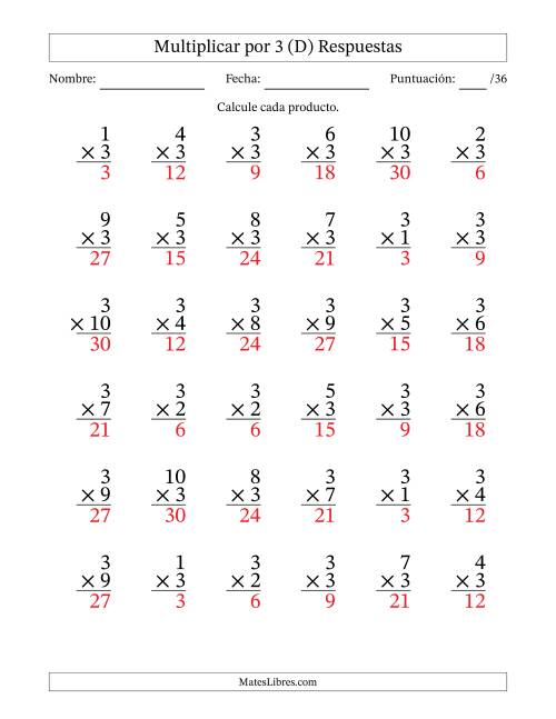 La hoja de ejercicios de Multiplicar (Factores de 1 a 10) por 3 (36 Preguntas) (D) Página 2