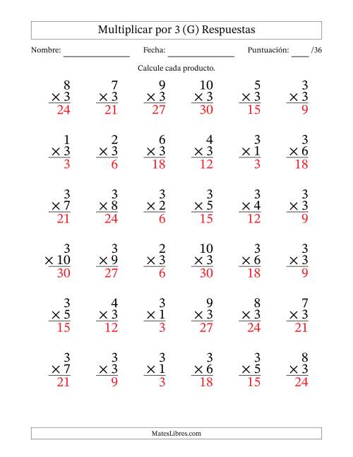 La hoja de ejercicios de Multiplicar (Factores de 1 a 10) por 3 (36 Preguntas) (G) Página 2