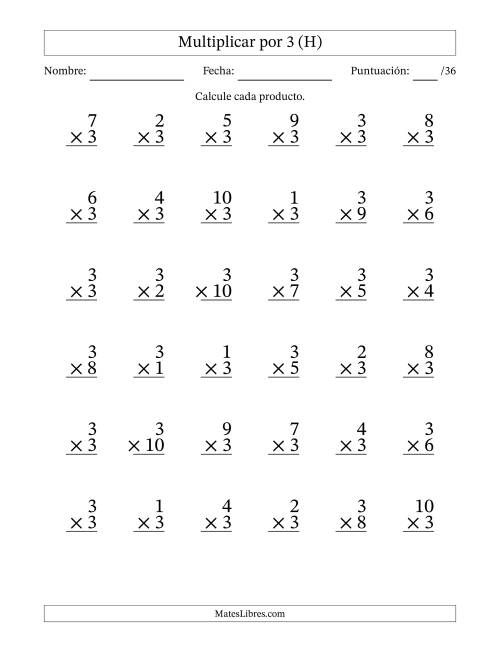 La hoja de ejercicios de Multiplicar (Factores de 1 a 10) por 3 (36 Preguntas) (H)