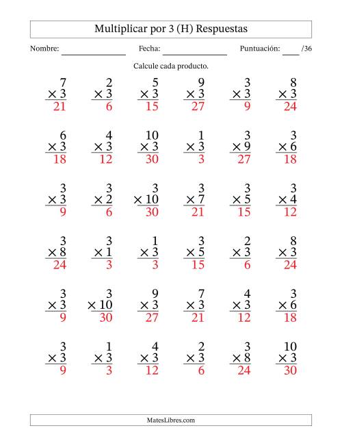 La hoja de ejercicios de Multiplicar (Factores de 1 a 10) por 3 (36 Preguntas) (H) Página 2