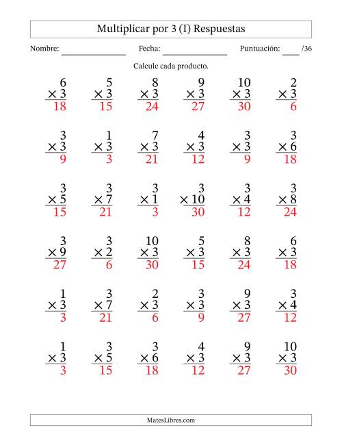 La hoja de ejercicios de Multiplicar (Factores de 1 a 10) por 3 (36 Preguntas) (I) Página 2