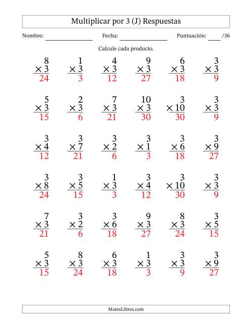 La hoja de ejercicios de Multiplicar (Factores de 1 a 10) por 3 (36 Preguntas) (J) Página 2