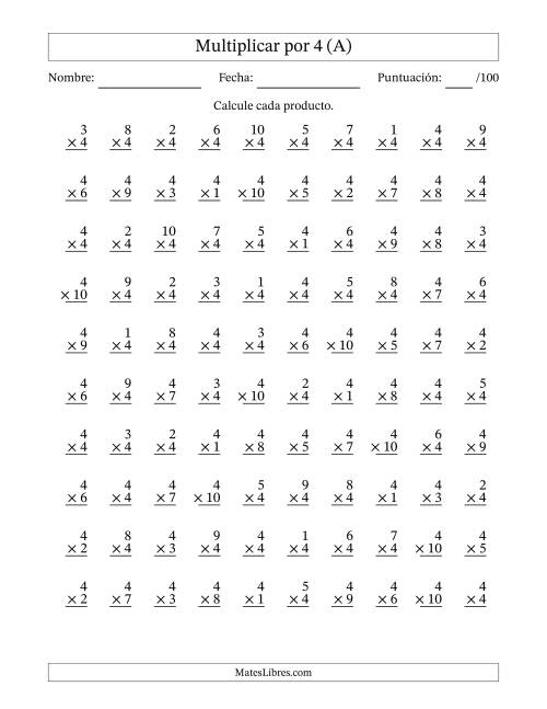 La hoja de ejercicios de Multiplicar (Factores de 1 a 10) por 4 (100 Preguntas) (A)