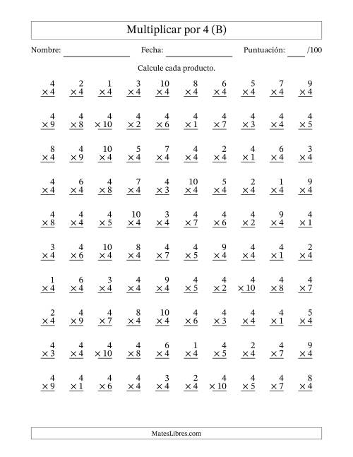 La hoja de ejercicios de Multiplicar (Factores de 1 a 10) por 4 (100 Preguntas) (B)