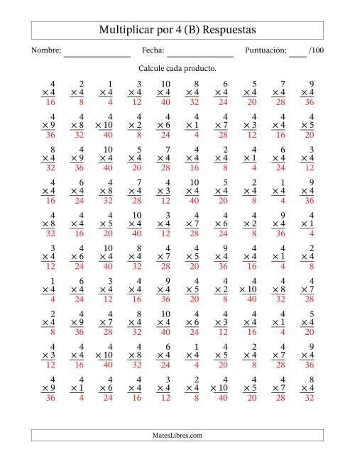 La hoja de ejercicios de Multiplicar (Factores de 1 a 10) por 4 (100 Preguntas) (B) Página 2
