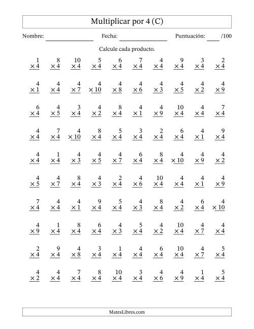 La hoja de ejercicios de Multiplicar (Factores de 1 a 10) por 4 (100 Preguntas) (C)