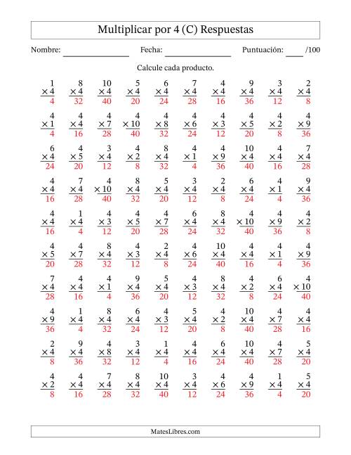 La hoja de ejercicios de Multiplicar (Factores de 1 a 10) por 4 (100 Preguntas) (C) Página 2