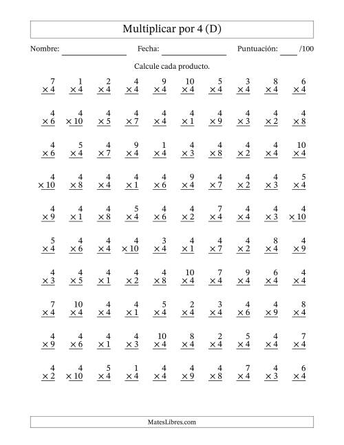 La hoja de ejercicios de Multiplicar (Factores de 1 a 10) por 4 (100 Preguntas) (D)