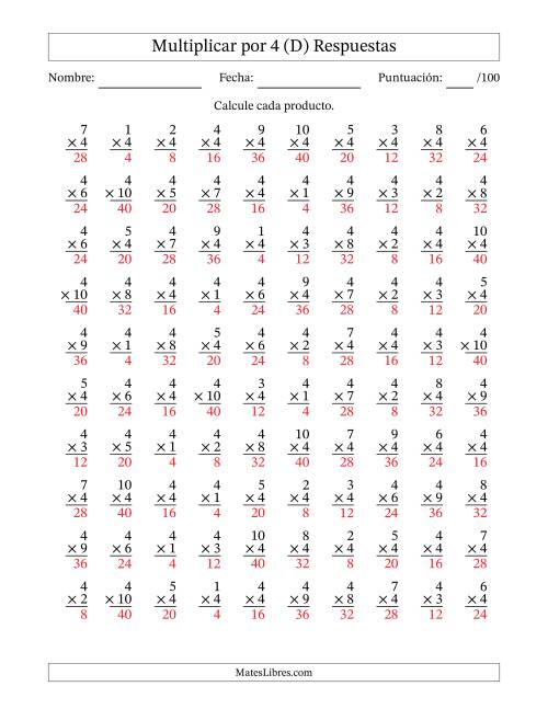 La hoja de ejercicios de Multiplicar (Factores de 1 a 10) por 4 (100 Preguntas) (D) Página 2