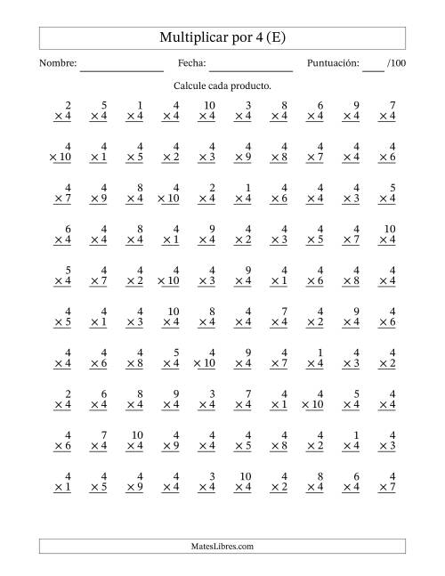 La hoja de ejercicios de Multiplicar (Factores de 1 a 10) por 4 (100 Preguntas) (E)
