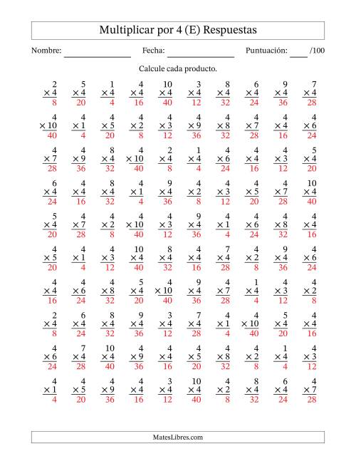 La hoja de ejercicios de Multiplicar (Factores de 1 a 10) por 4 (100 Preguntas) (E) Página 2