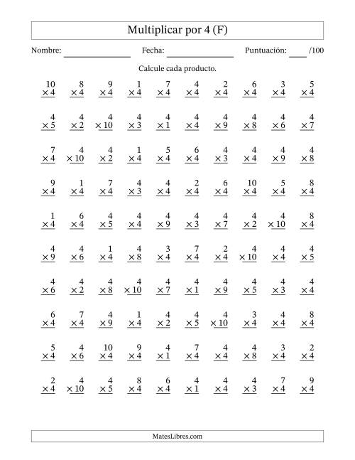 La hoja de ejercicios de Multiplicar (Factores de 1 a 10) por 4 (100 Preguntas) (F)