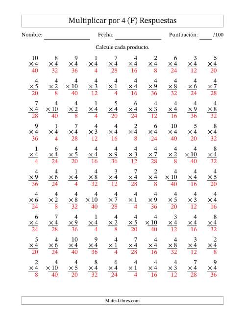 La hoja de ejercicios de Multiplicar (Factores de 1 a 10) por 4 (100 Preguntas) (F) Página 2