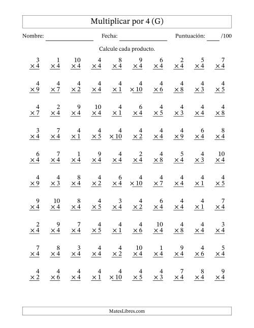 La hoja de ejercicios de Multiplicar (Factores de 1 a 10) por 4 (100 Preguntas) (G)