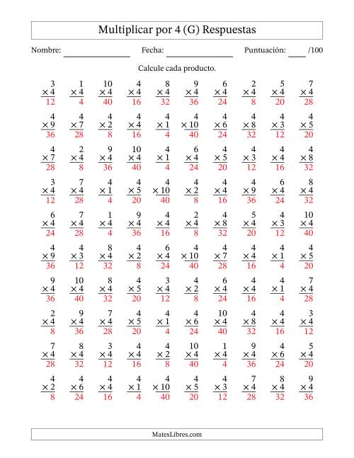 La hoja de ejercicios de Multiplicar (Factores de 1 a 10) por 4 (100 Preguntas) (G) Página 2