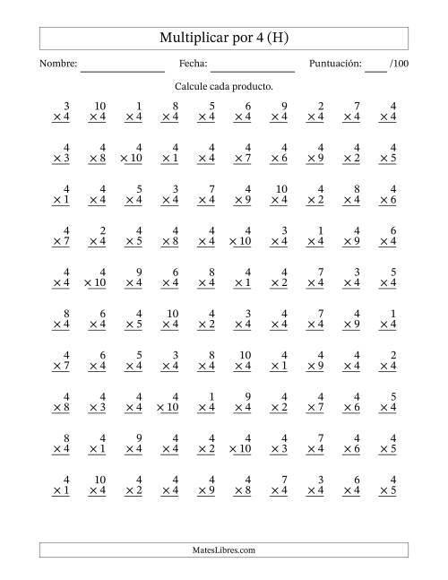 La hoja de ejercicios de Multiplicar (Factores de 1 a 10) por 4 (100 Preguntas) (H)