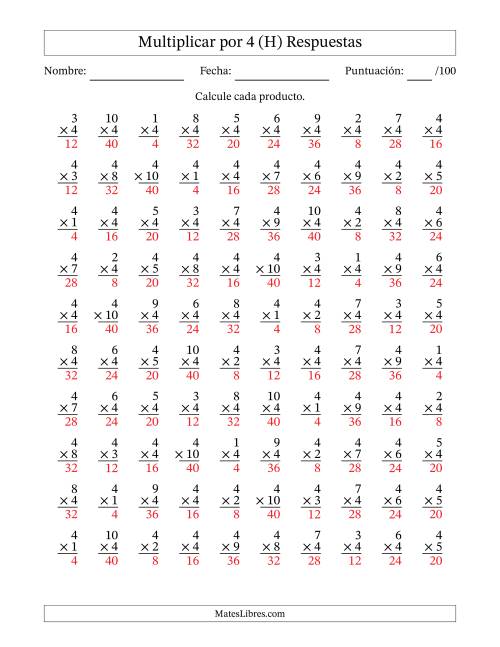 La hoja de ejercicios de Multiplicar (Factores de 1 a 10) por 4 (100 Preguntas) (H) Página 2