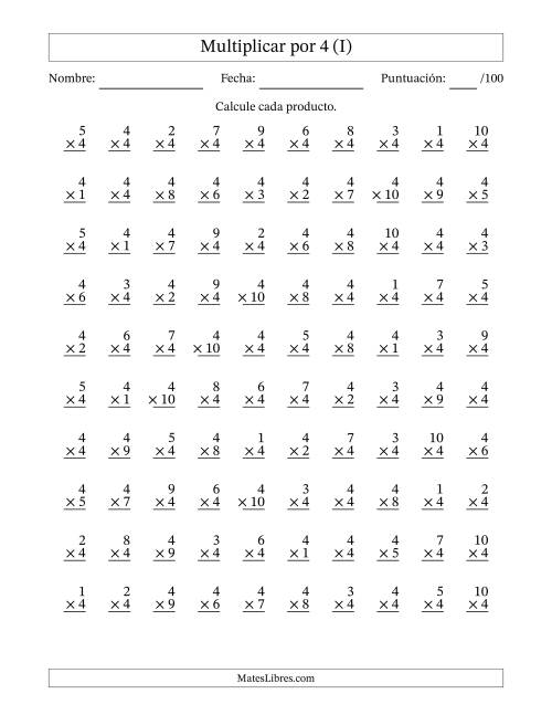 La hoja de ejercicios de Multiplicar (Factores de 1 a 10) por 4 (100 Preguntas) (I)