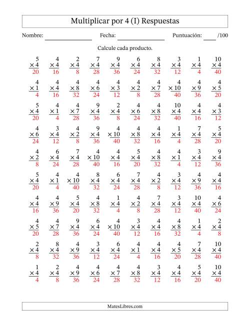 La hoja de ejercicios de Multiplicar (Factores de 1 a 10) por 4 (100 Preguntas) (I) Página 2