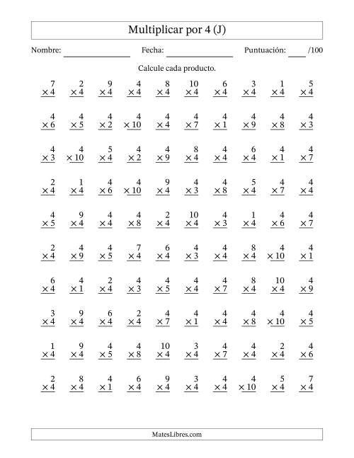 La hoja de ejercicios de Multiplicar (Factores de 1 a 10) por 4 (100 Preguntas) (J)