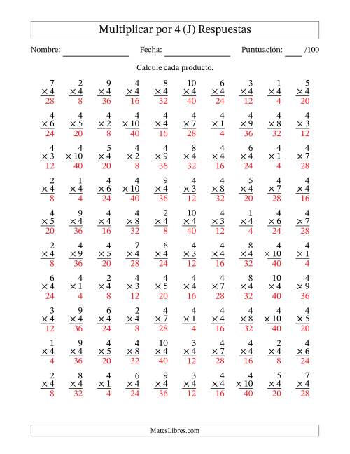 La hoja de ejercicios de Multiplicar (Factores de 1 a 10) por 4 (100 Preguntas) (J) Página 2