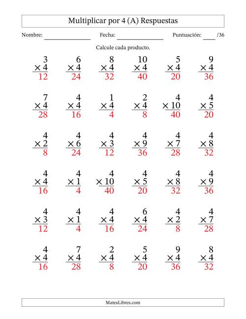 La hoja de ejercicios de Multiplicar (Factores de 1 a 10) por 4 (36 Preguntas) (A) Página 2