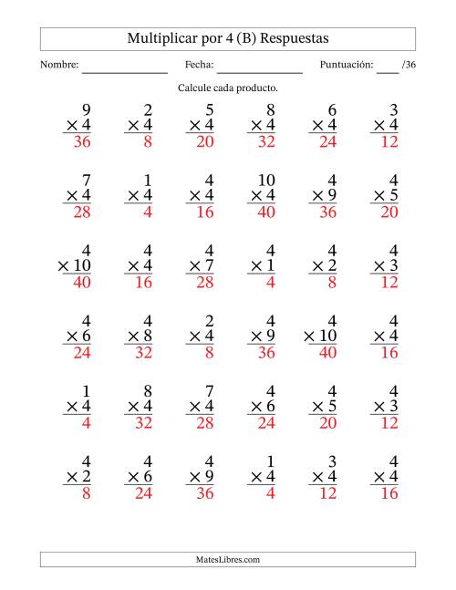 La hoja de ejercicios de Multiplicar (Factores de 1 a 10) por 4 (36 Preguntas) (B) Página 2