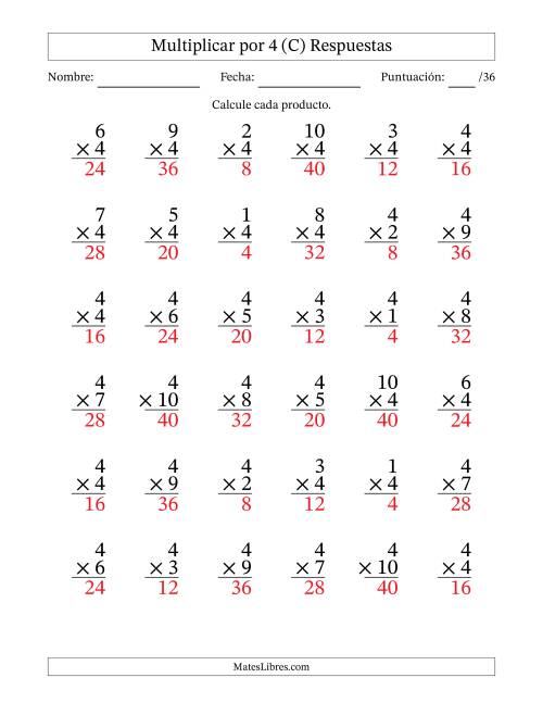 La hoja de ejercicios de Multiplicar (Factores de 1 a 10) por 4 (36 Preguntas) (C) Página 2